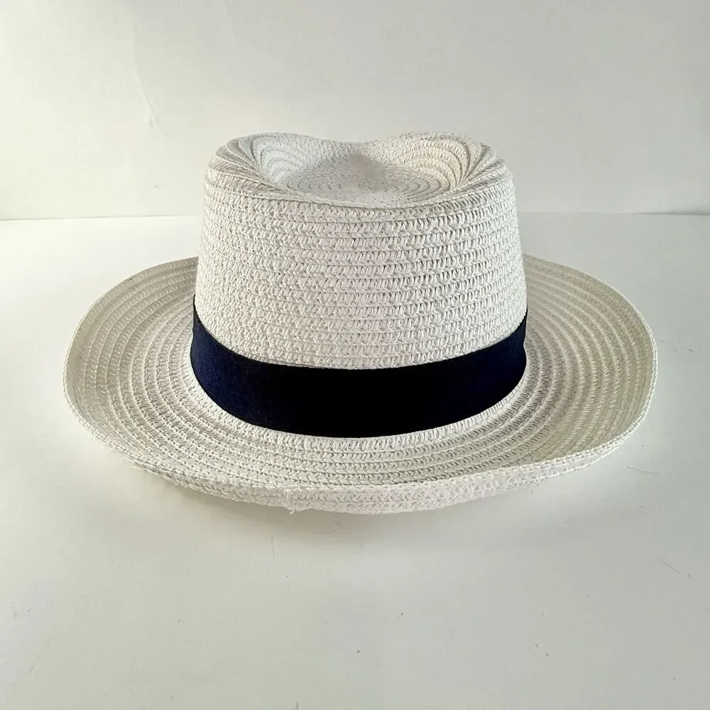 NICE & BELLA Unisex White w/Blue Band Med Brim Panama Woven Fedora Sun Hat